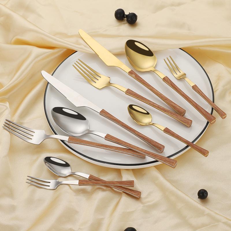 不锈钢刀叉勺ins网红小蛮腰日式餐具仿木柄西餐餐具四件套定制