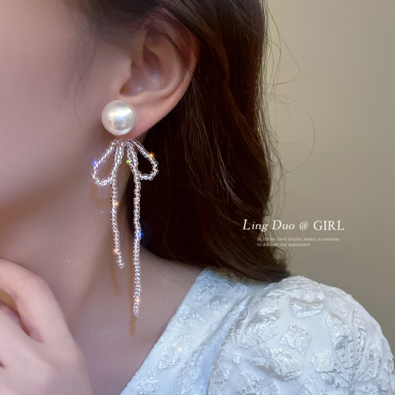 长款水晶珍珠流苏耳钉女夏2024年新款潮耳环轻奢高级感气质耳饰