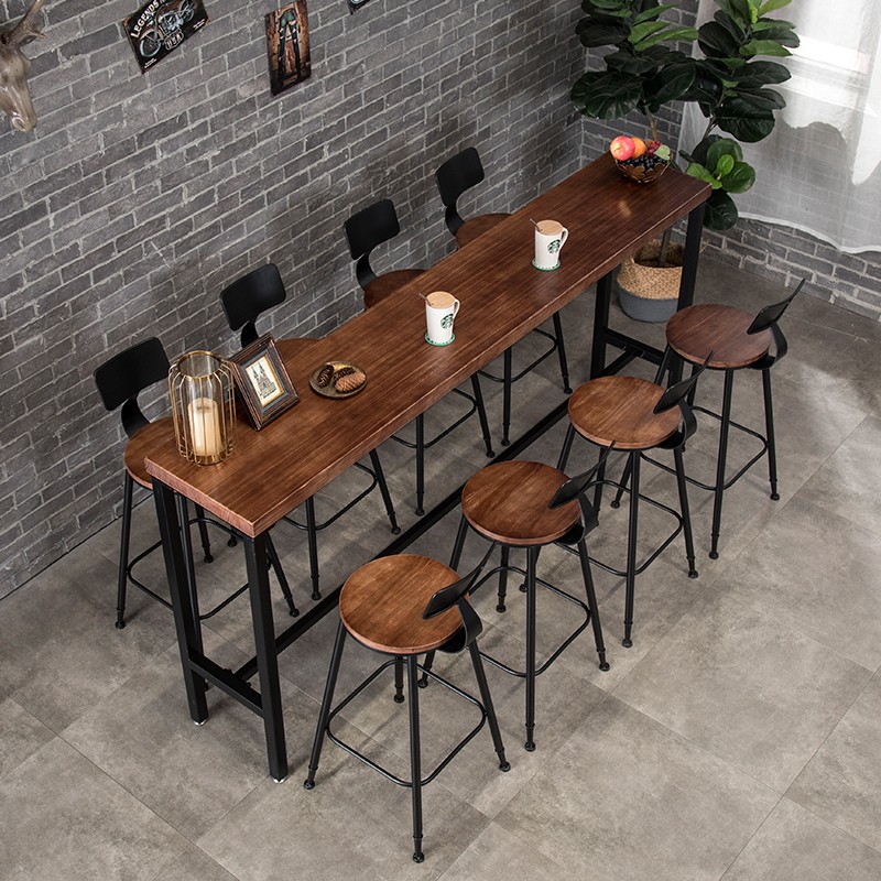 铁艺实木酒吧台桌椅组合靠墙长条餐桌奶茶店咖啡厅家用阳台高脚桌