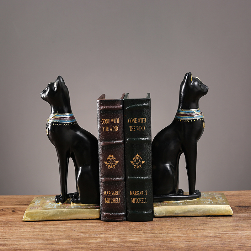 复古埃及猫书挡树脂轻奢玄关书房书柜摆件样板房装饰黑猫书立