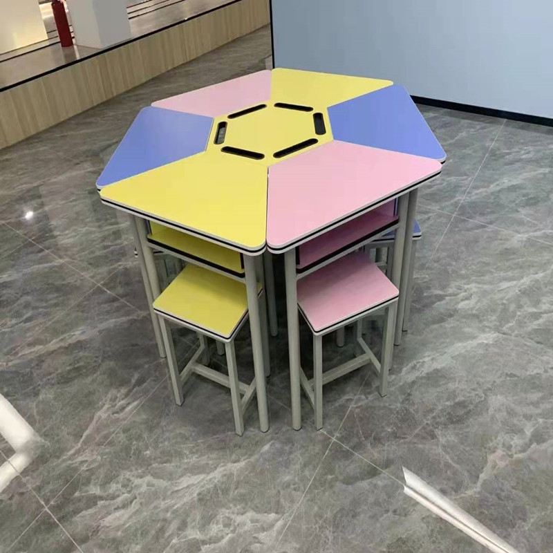 图书馆钢架六角三角桌心理辅导科学录播教室桌实验讨论桌实践桌椅