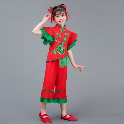 六一儿童演出服红幼儿开门女童舞蹈服表演服中国风喜手绢庆秧歌服