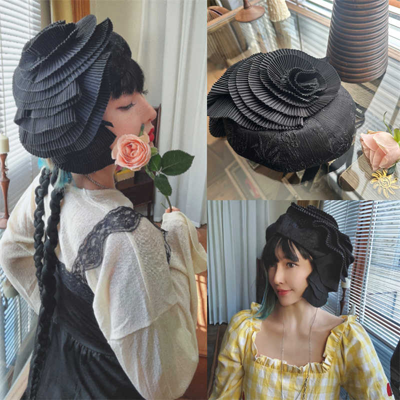 R&U 美学设计艺术气质贝雷帽黑色花朵高级优雅燕尾礼帽女