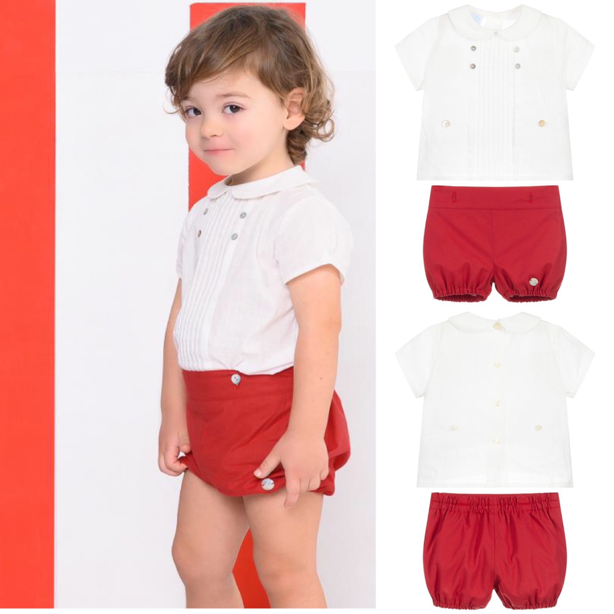 夏西班牙童装高端定制男女童短袖纯棉套装塔克褶红色周岁礼服中性
