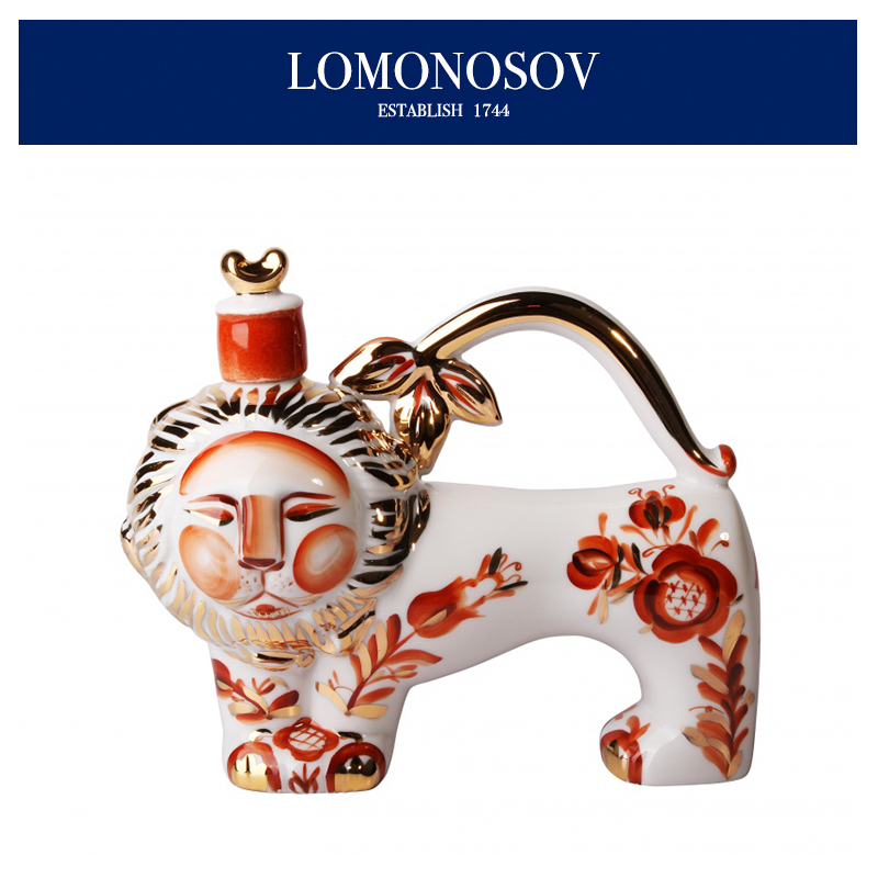 俄罗斯皇家瓷器LOMONOSOV 红狮子24k金全手绘 红酒醒酒器装饰摆件