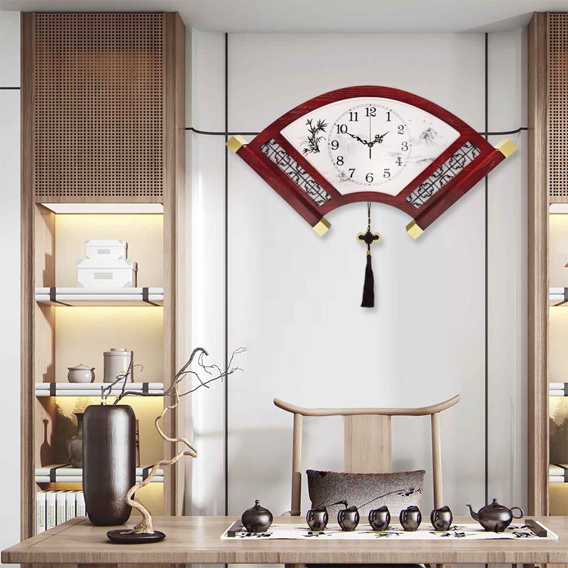 新中式扇形实木时钟中国风创意艺术挂钟静音石英钟扫秒客厅挂钟