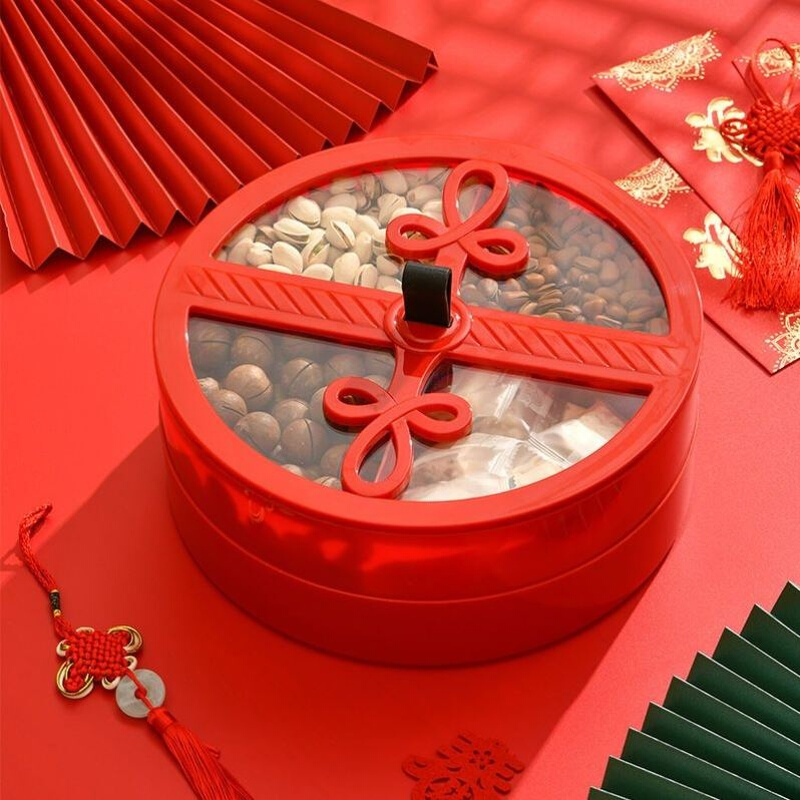 轻奢中国结果盒过年零食分格干果盒子中式大红圆形果盘结婚庆喜盘