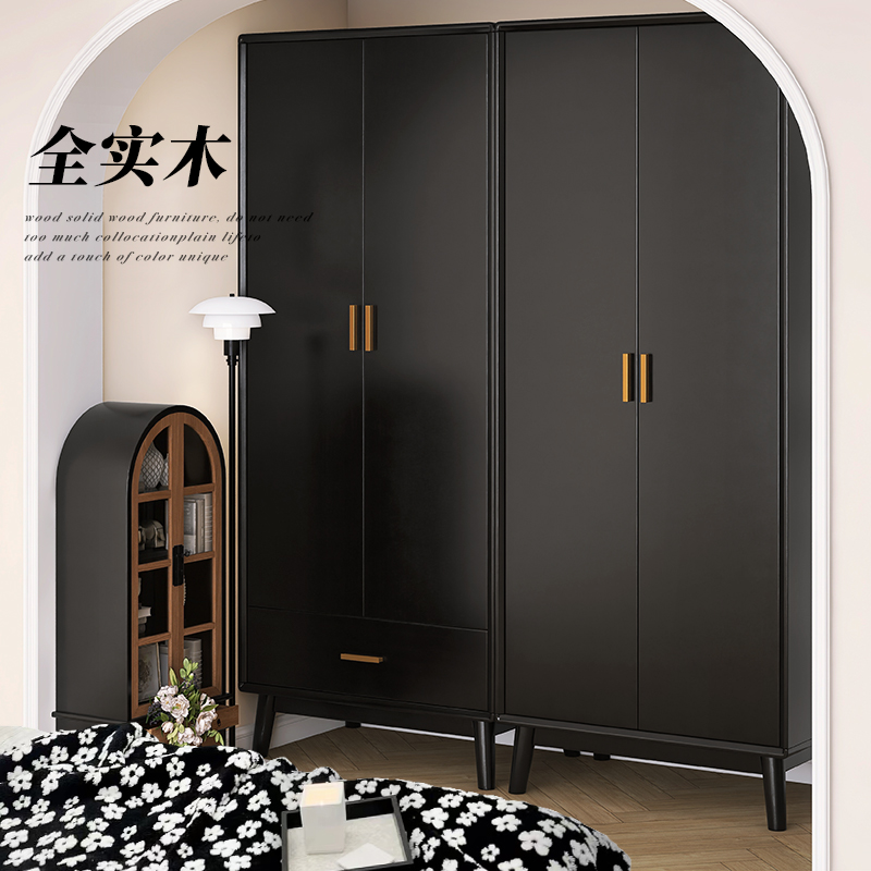全实木衣柜黑色复古衣柜现代简约卧室家用两门对开门衣橱储物柜子