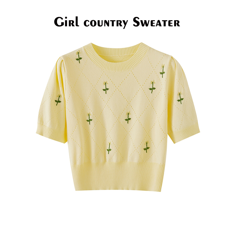 镂空绣花针织短袖女夏季新款修身冰丝T恤时尚收腰显瘦黄色短上衣