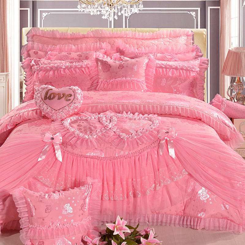 高档婚庆蕾丝贡缎大红粉色六八多件套结婚加厚四件套1.8m2.0床裙