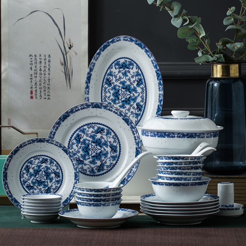 瓷宁宫中式家用碗碟套装高温白瓷青花瓷餐具景德镇餐具陶瓷碗盘子