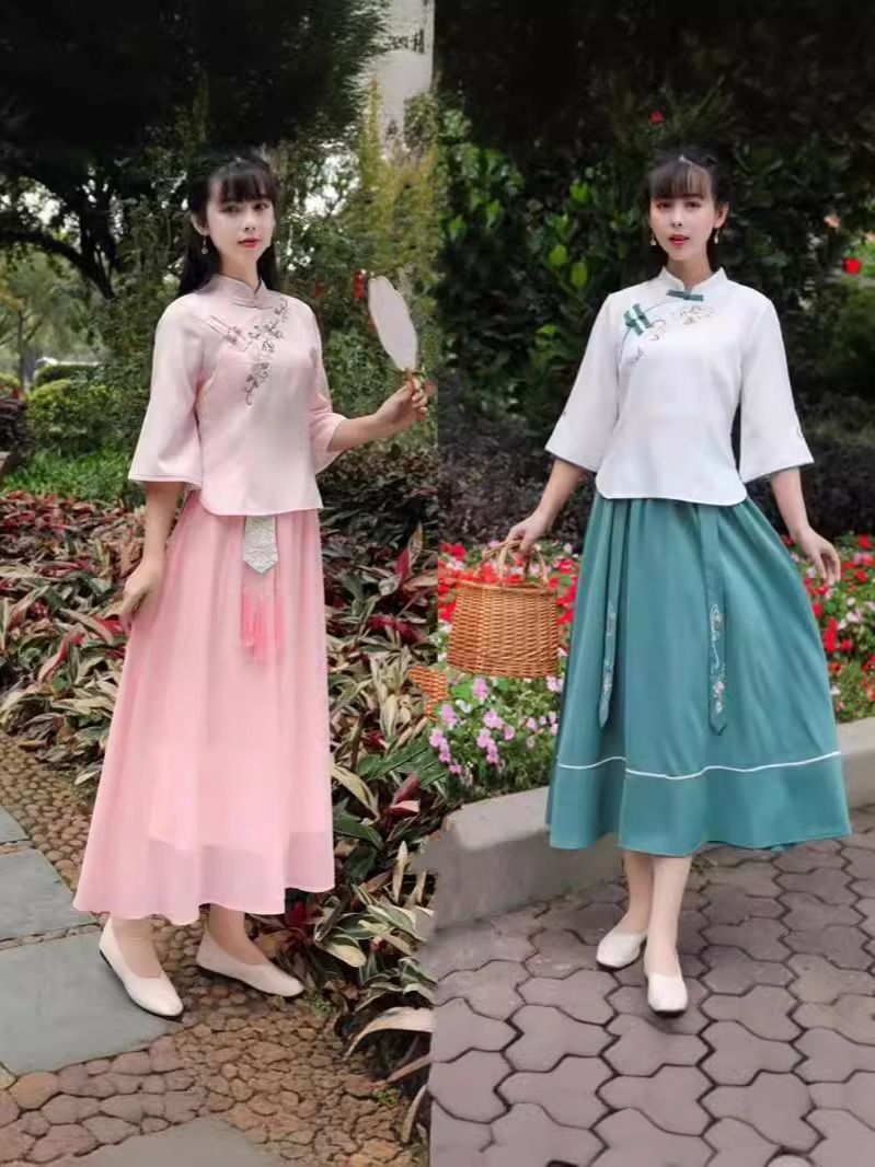 汉服夏民国改良古风旗袍两件套小清新棉麻套装中国风茶艺服装