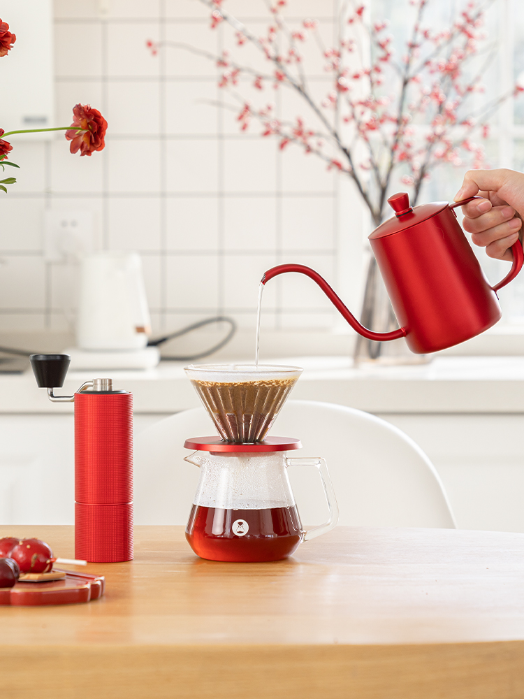 泰摩 中国红全套手冲咖啡礼盒 手摇磨豆机咖啡壶器具节日送礼之选