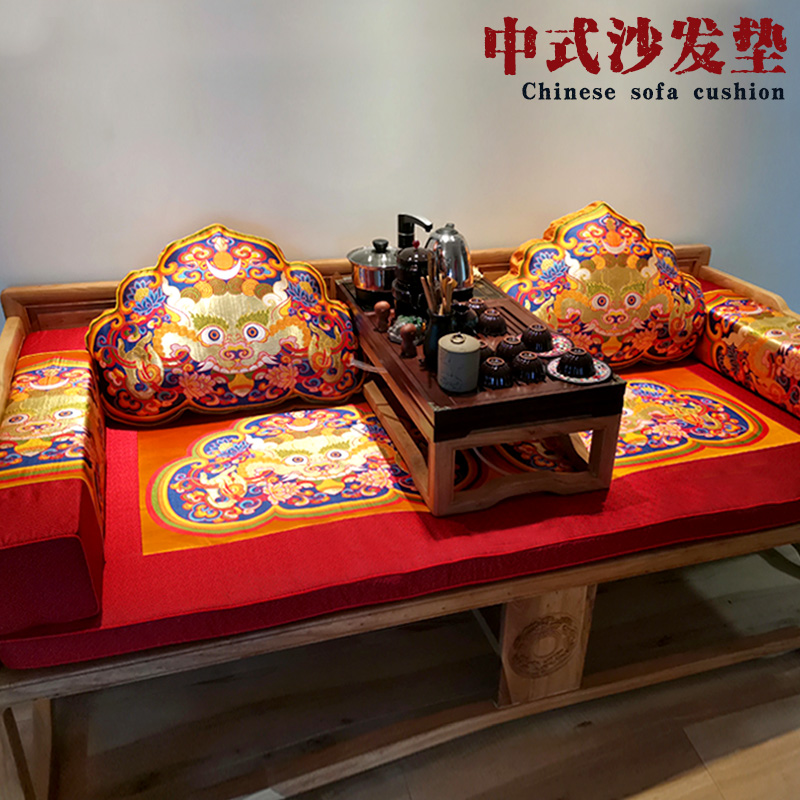 中式红木沙发坐垫新中式罗汉床垫子五件套云锦抱枕古典中国风靠垫