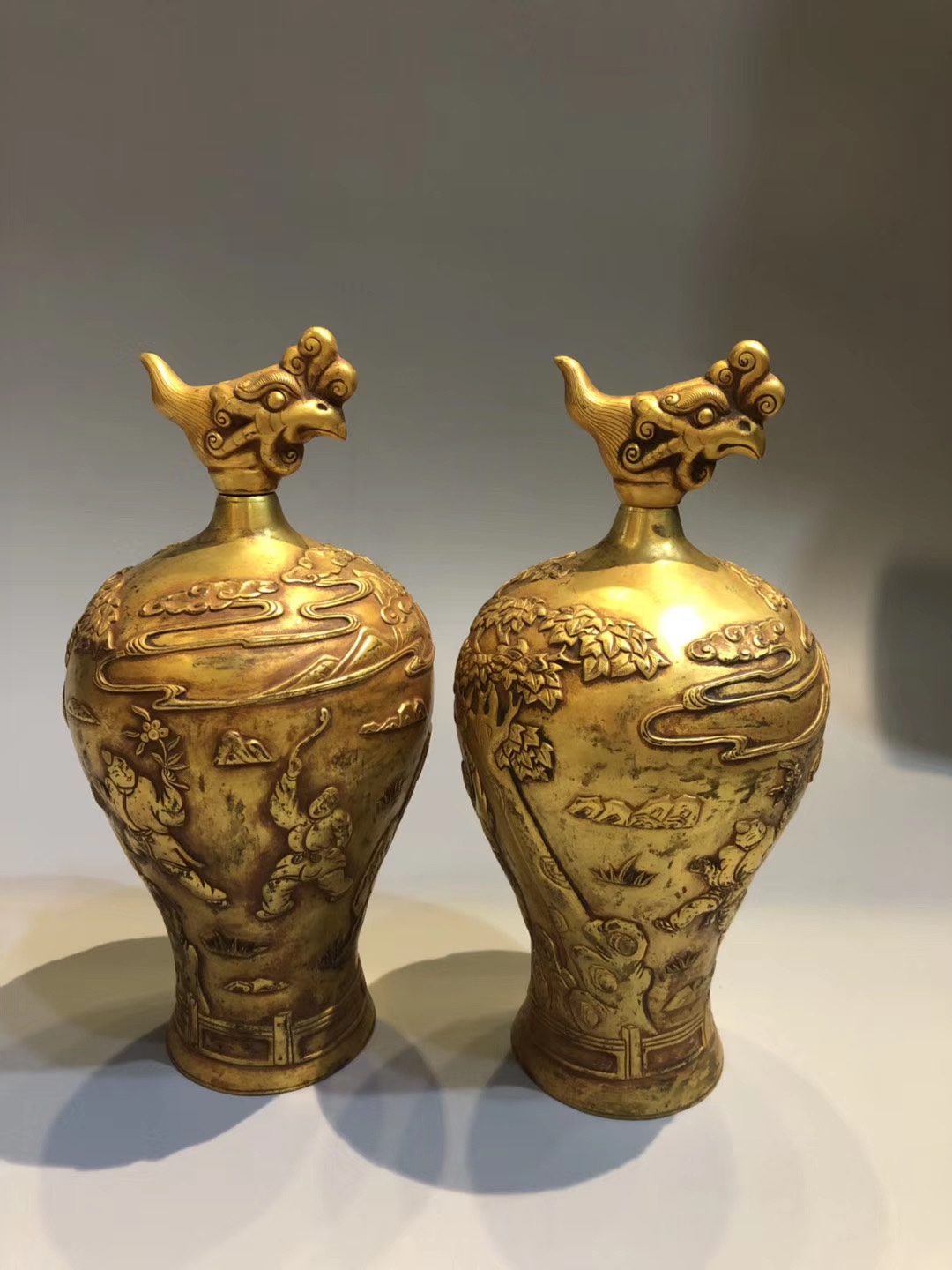 古玩收藏旧藏辽金时期铜鎏金凤头瓶一对做工精美就老味十足