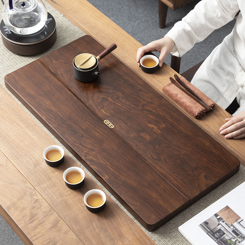 整块高端茶盘实木家用排水小型干泡茶台办公室茶海简易功夫花梨纹