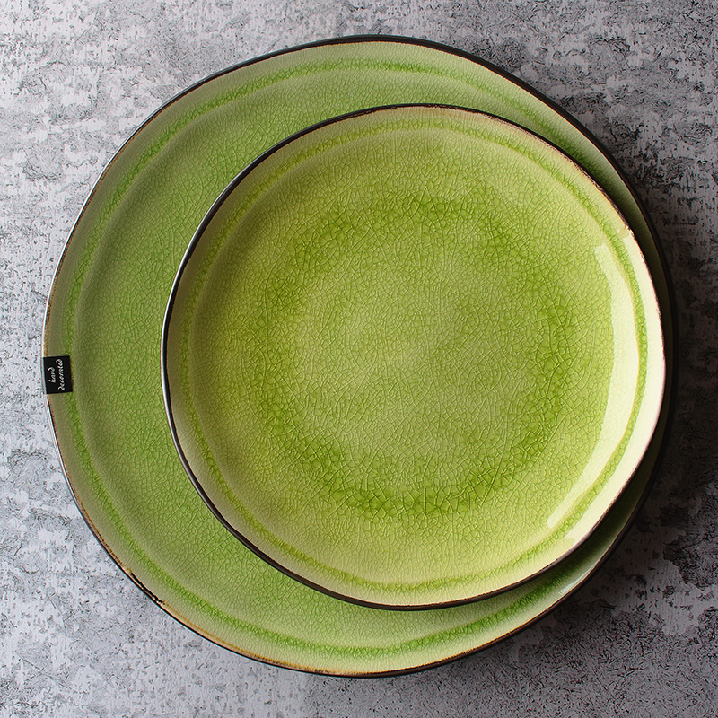 绿色西餐菜盘牛排盘子海鲜刺身盘家用圆餐盘意面盘冰裂纹陶瓷餐具