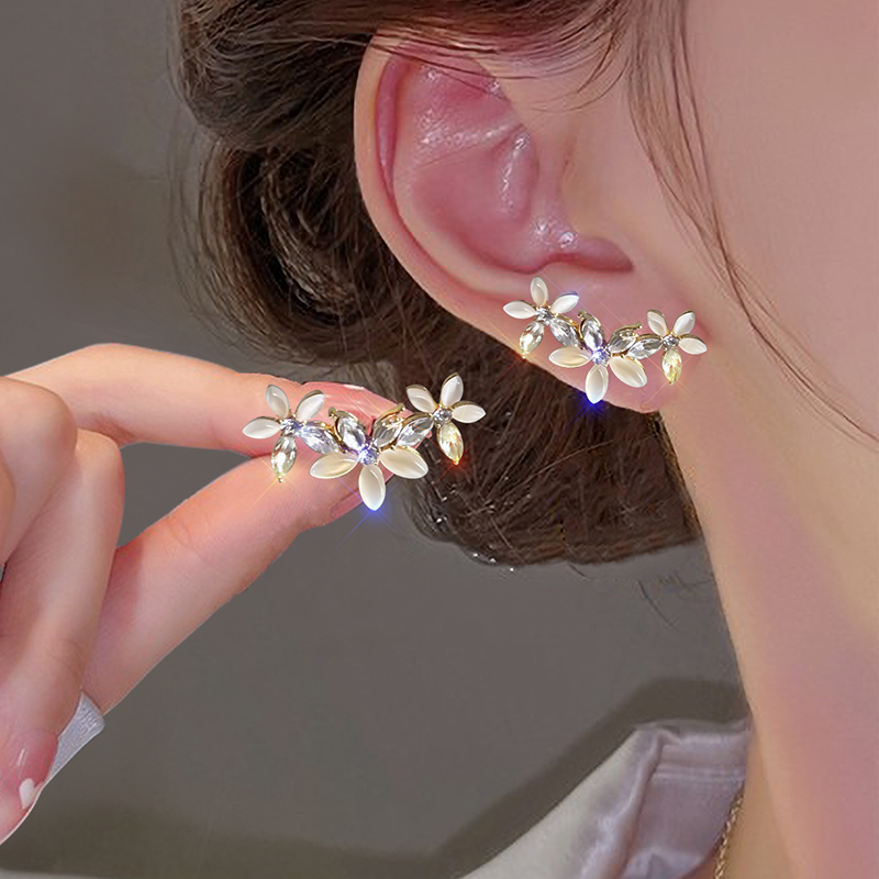 猫眼石水钻小花朵弧形耳钉女个性甜美气质耳环小众设计轻奢耳饰品