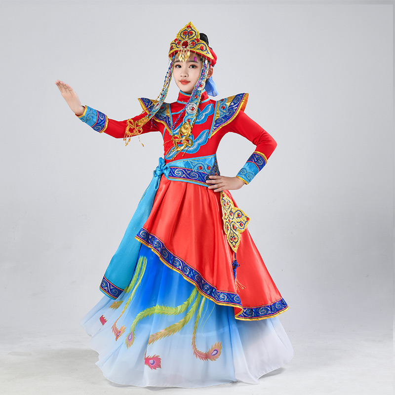 蒙古服装儿童舞蹈演出服蒙族服饰女童少数民族蒙古袍女盛装表演服