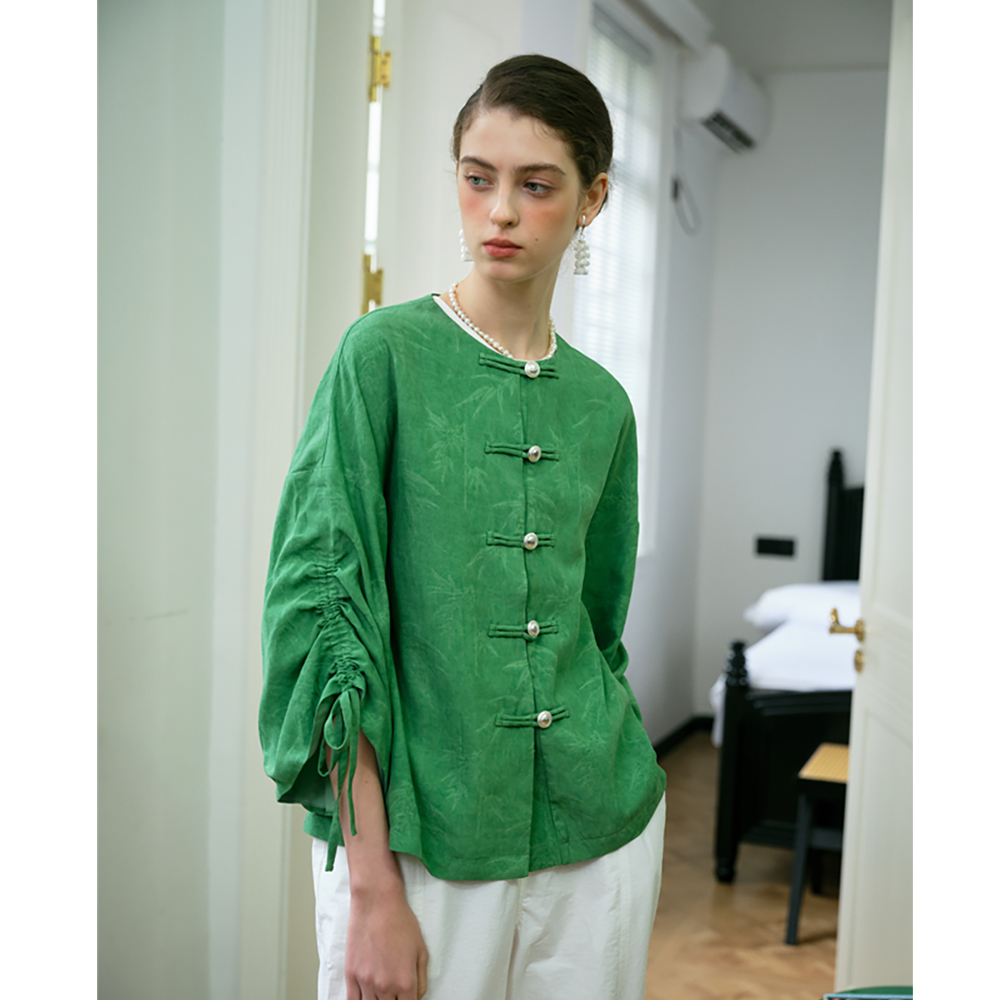 CSYH原创设计 中式提花上衣 复古圆领显白绿色衬衣新中式衬衫盘扣