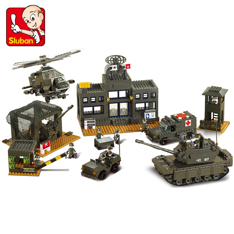 高档小鲁班军事基地拼装积木玩具模型6-8-10岁男孩益智拼插坦克指