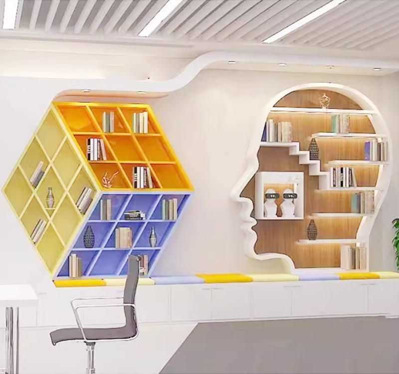男人脸谱书架办公室软装置物架一体靠墙装饰书柜图书馆大厅展示架