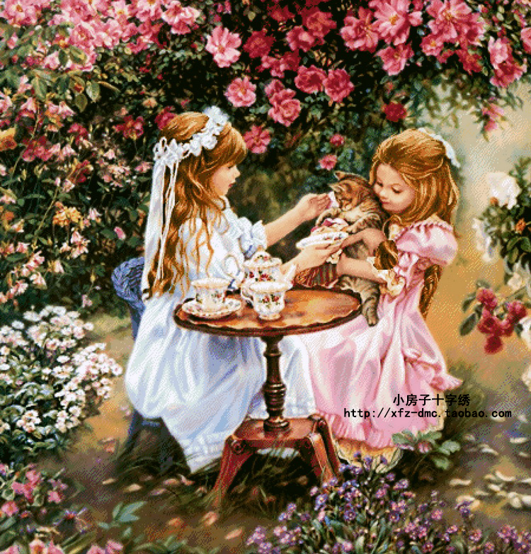 小房子十字绣 DMC线 女孩和小猫的茶话会 满绣卡通印花混色现代