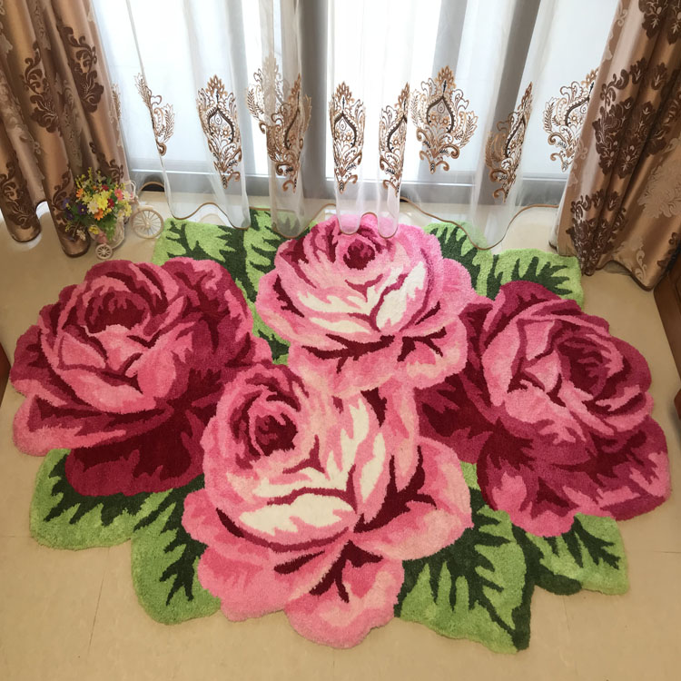 优质紫色家用卧室结婚地毯时尚手工大4朵粉红玫瑰2米室内毛毯