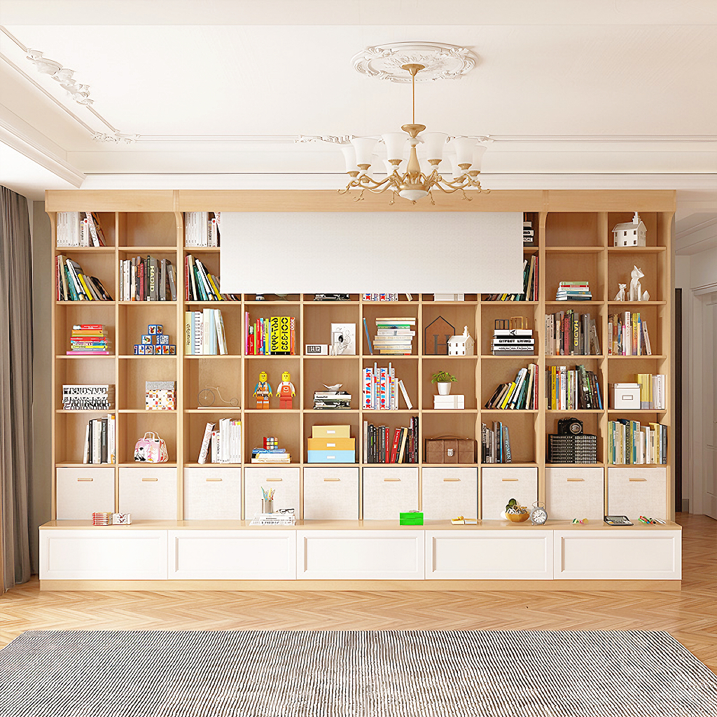 可比熊实木满墙书柜图书馆书架客厅定制一体到顶沙发一体柜置物架