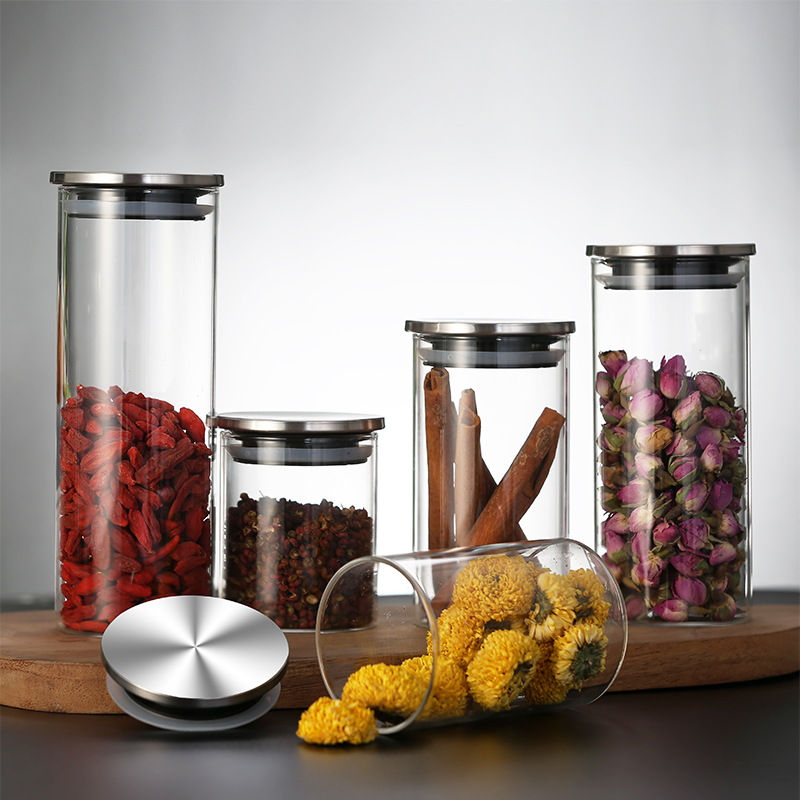 玻璃储物罐耐热茶叶罐杂粮零食密封罐不锈钢盖透明直筒玻璃瓶厨房