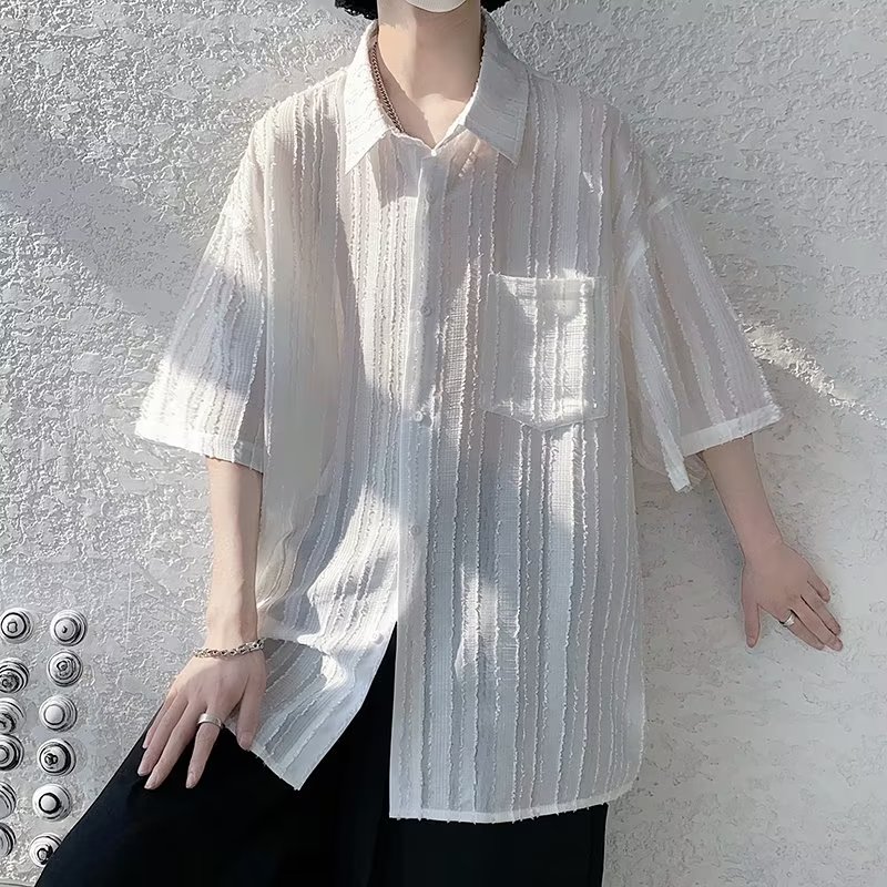 黑白色冰丝衬衫男短袖夏季薄款垂感七分袖衬衣纯色凉感小众设计感