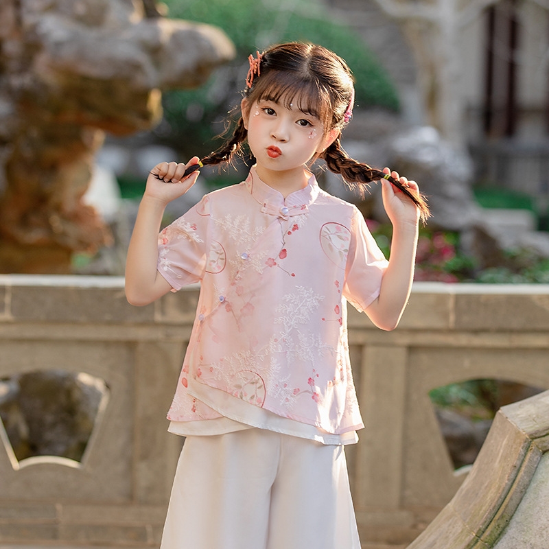 新品女童短袖雪纺刺绣汉服23新款中国风套装宝宝上衣裙子儿童民族