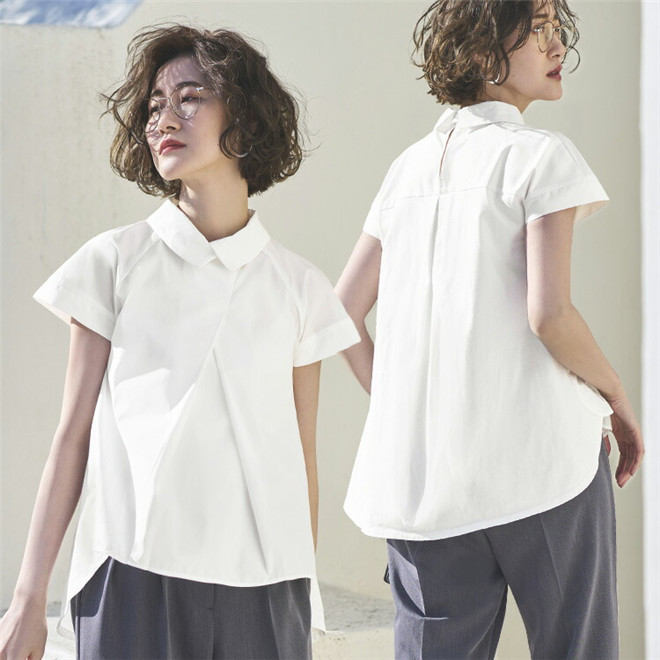 日本海外直邮2022夏季女装代购纯色通勤褶皱宽松常规短袖衬衫