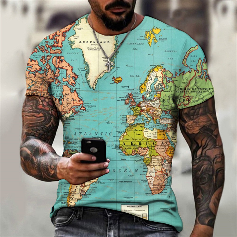 2023欧美3D数码印花立体创意地图男士休闲潮流时尚街头短袖T恤