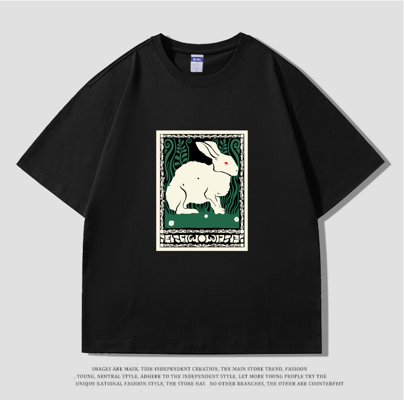 夏日高克重纯棉落肩袖宽松款小兔子艺术休闲风日系潮流T恤