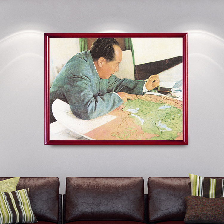 有框画像毛主席研究地图老照片毛泽东伟人装饰画像客厅墙画壁挂画