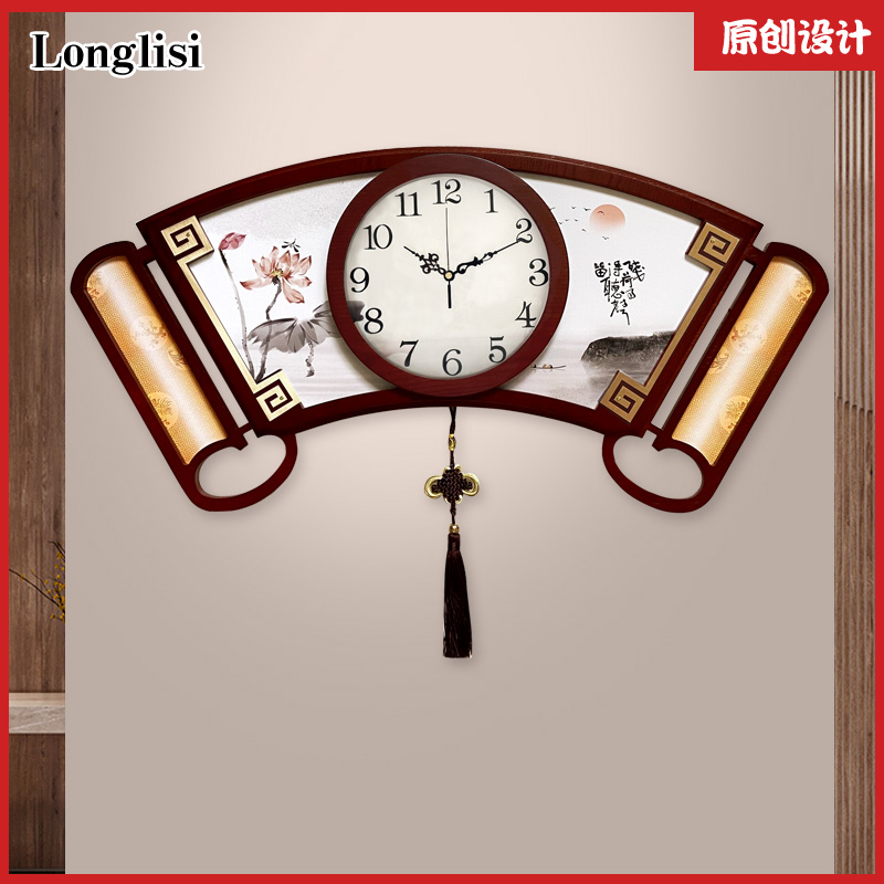 新中式卷轴扇形挂钟客厅中国风禅意荷花挂钟大气万年历时尚钟表