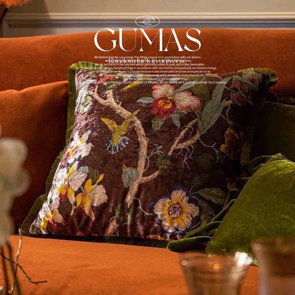 GUMAS家居原创复古中国风花鸟植物丝绒印花抱枕沙发轻奢靠枕
