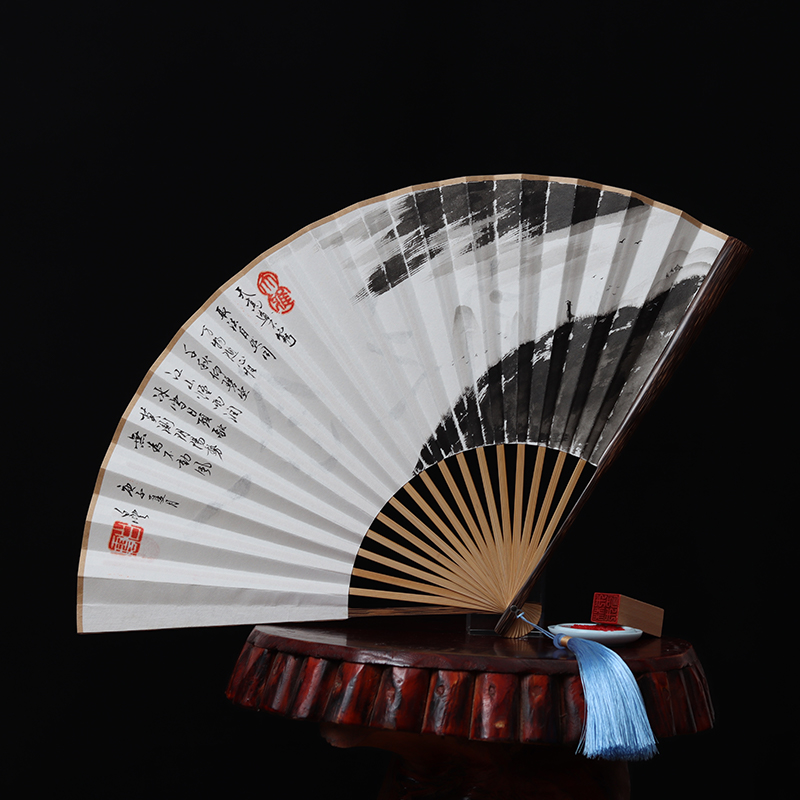 精品棕竹宣纸折扇定制书法手绘中国风苏工题字送外国人礼品古风扇