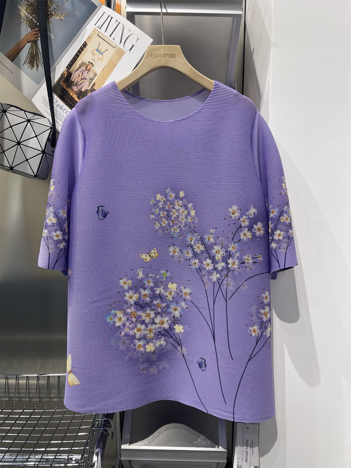 中国风复古褶皱圆领电脑印花小碎花情怀紫色上衣T恤5分袖春夏新款