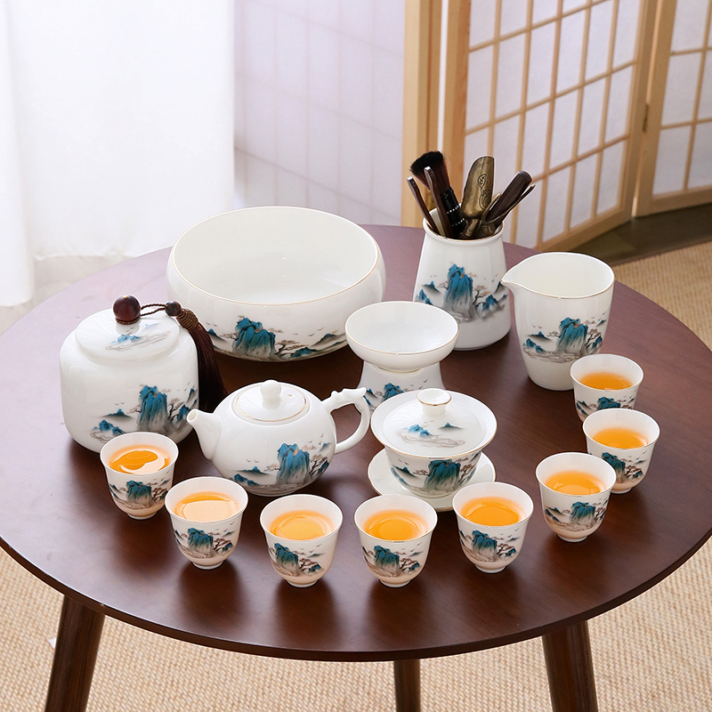 羊脂玉白瓷功夫茶具套装茶杯家用高颜值客厅中式盖碗茶碗陶瓷泡茶