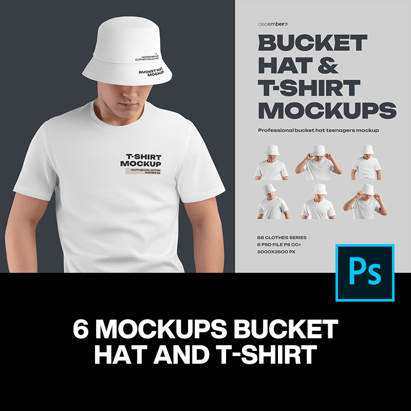 6款男模特潮人渔夫帽短袖T恤帽子图案设计ps样机素材展示效果图