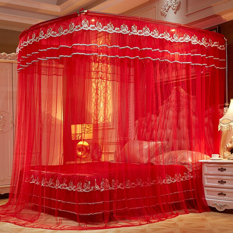 婚庆伸缩蚊帐红色1.8米婚床家用落地支架密结婚三开门新婚u型床幔