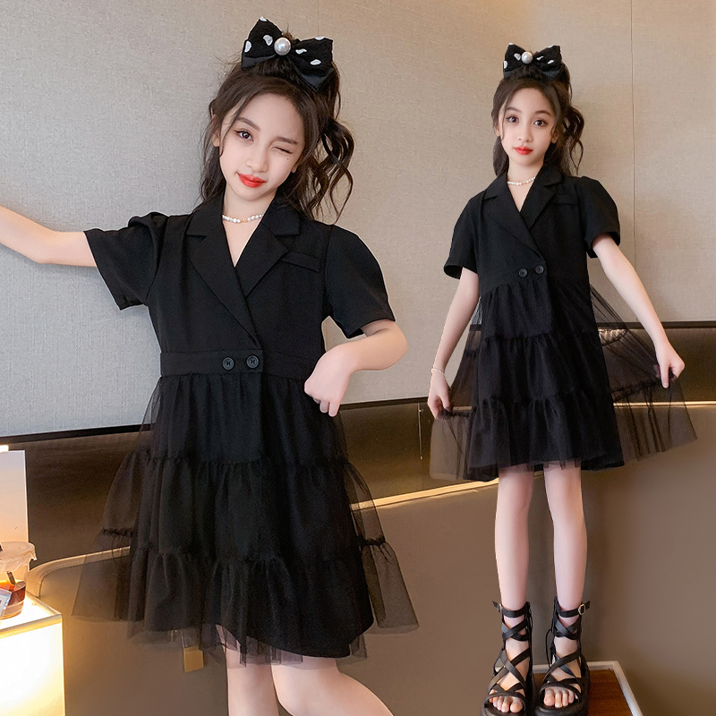 女童黑色连衣裙2023夏季新款中大童时尚女孩夏装时髦收腰西装裙子