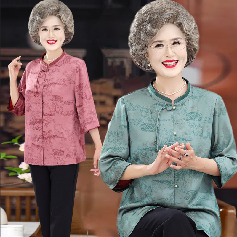 中国风老年人妈妈夏装七分袖奶奶唐装衬衣60岁70老太太立领衬衫女