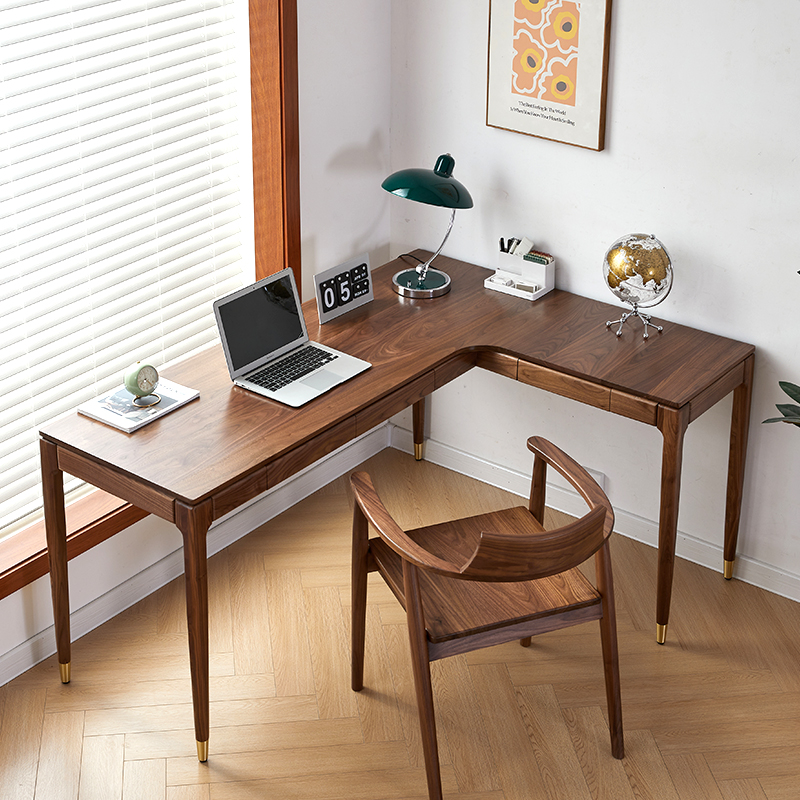 北美黑胡桃木转角书桌北欧L型长条白橡实木办公电脑桌拐角学习桌