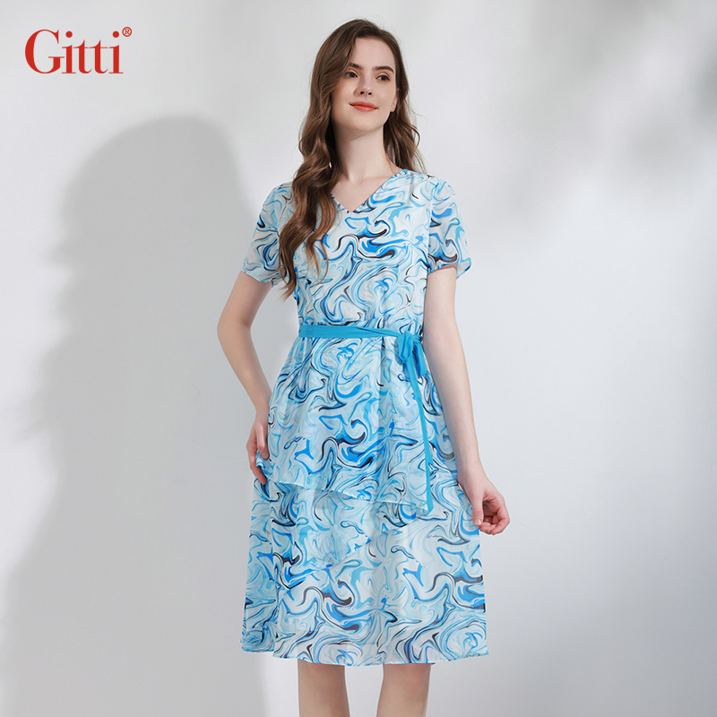 Gitti/吉蒂时尚减龄印花V领不规则花边拼接显瘦雪纺连衣裙G231623