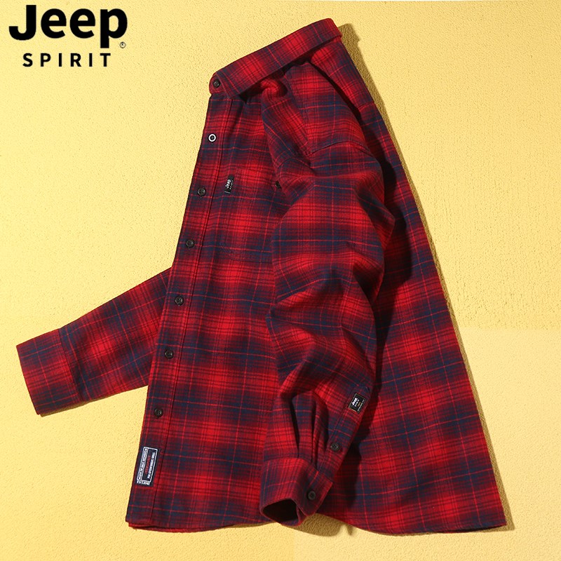 Jeep吉普纯棉格子衬衫男士长袖秋冬装红色休闲衬衣设计感高级上衣