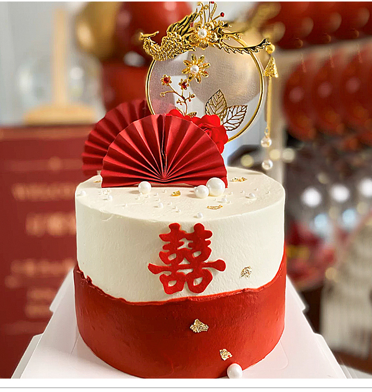 仟悦仿真蛋糕模型凤凰于飞订婚蛋糕模型折扇中国风结婚橱窗样品