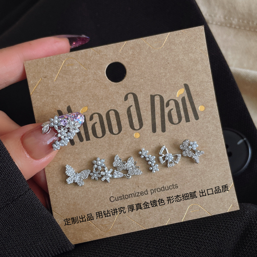 XIAO A NAIL定制出品蝴蝶锆石美甲金属饰品珍珠白金色镶钻指甲贴